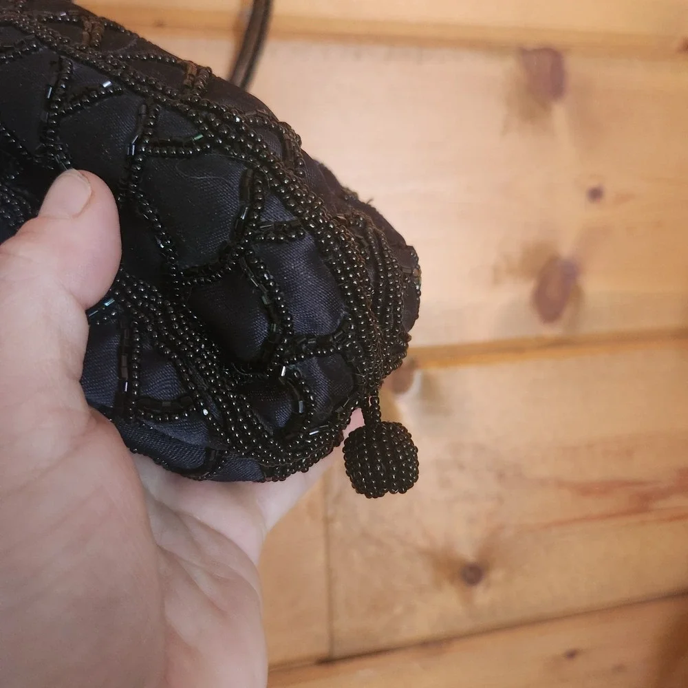 Vintage Magid Black Glass Bead Satin Drawstring Purse Rare HTF Evening Bag Pouch